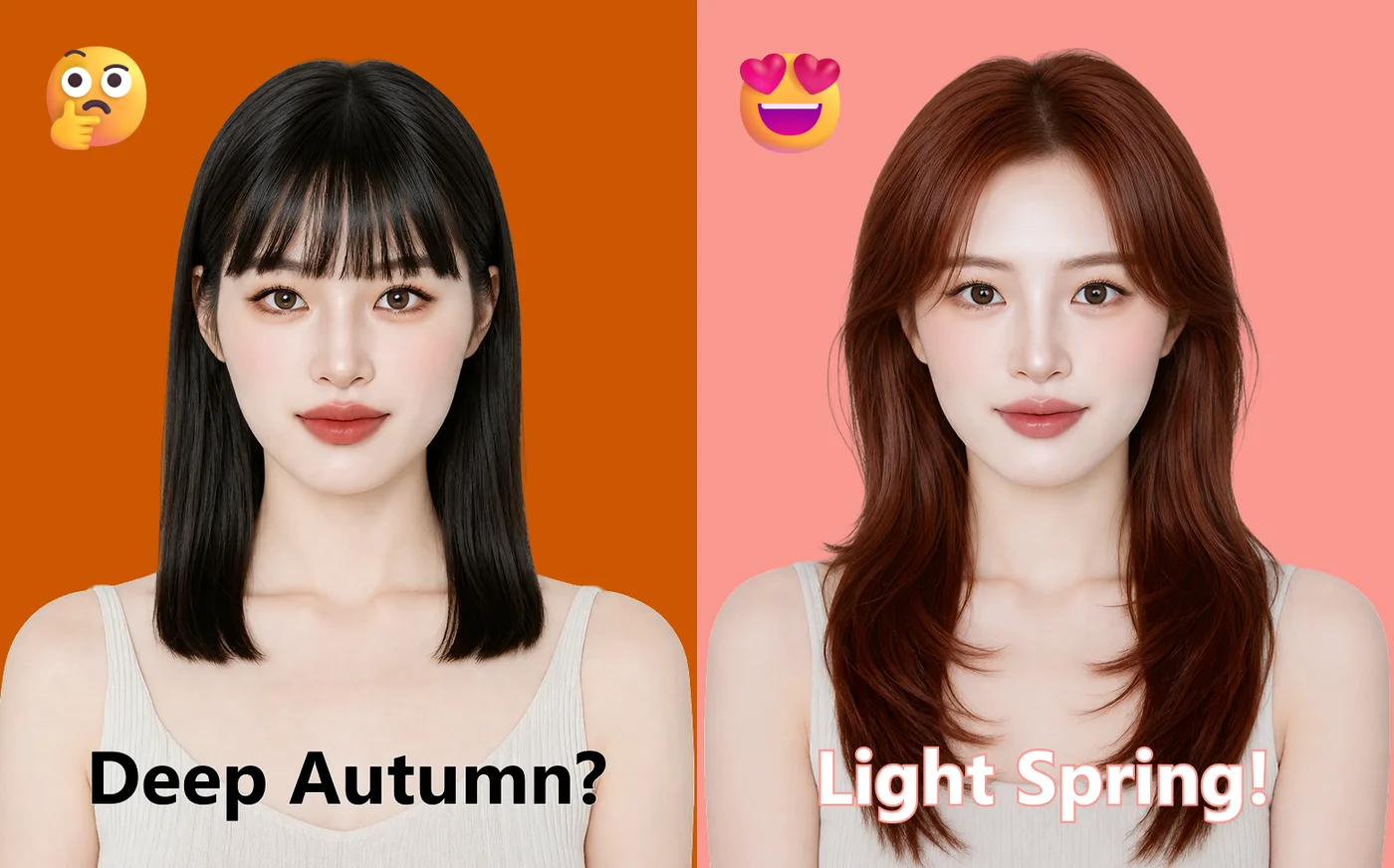 The same face shown in Deep Autumn colors versus Light Spring colors